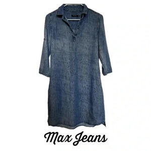 Max Jeans Women's Chambray Dress Blue Denim Dress Roll Tab Sleeves Collar - Sz 4